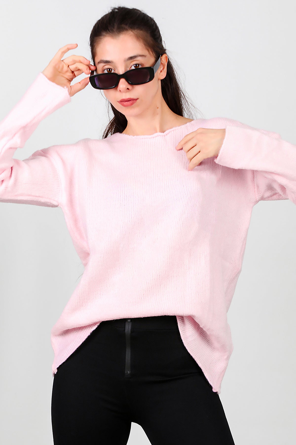 Kadın Oversize Triko Kazak Pembe