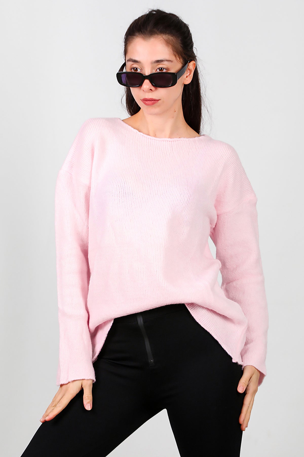 Kadın Oversize Triko Kazak Pembe