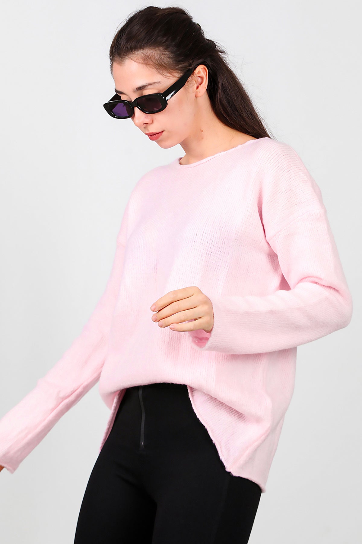 Kadın Oversize Triko Kazak Pembe