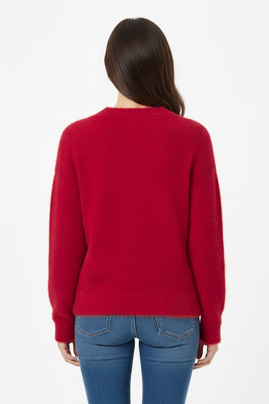 Kadın Sakallı Bisiklet Yaka Kazak Kırmızı