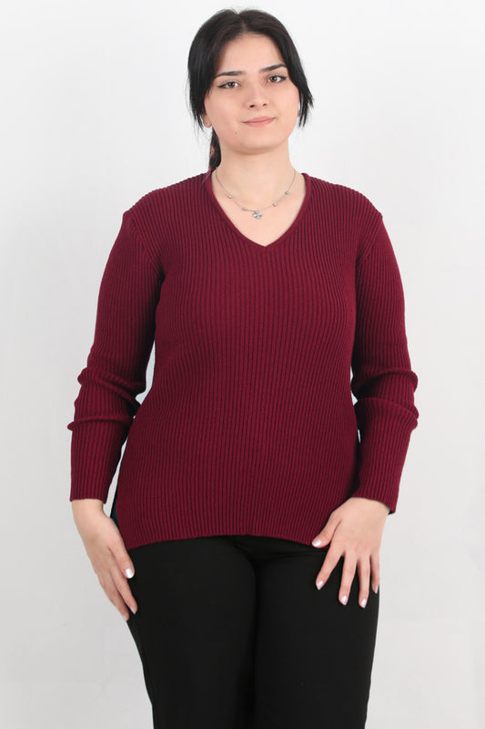 Warmth Büyük Beden V Yaka Triko Kazak Bordo