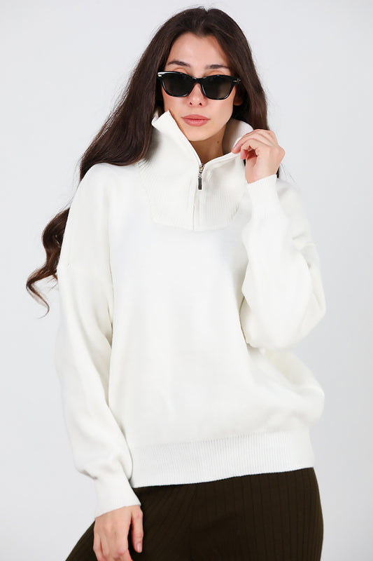 Kadın Yarım Fermuar Kazak Beyaz