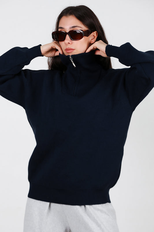 Kadın Yarım Fermuar Kazak Lacivert