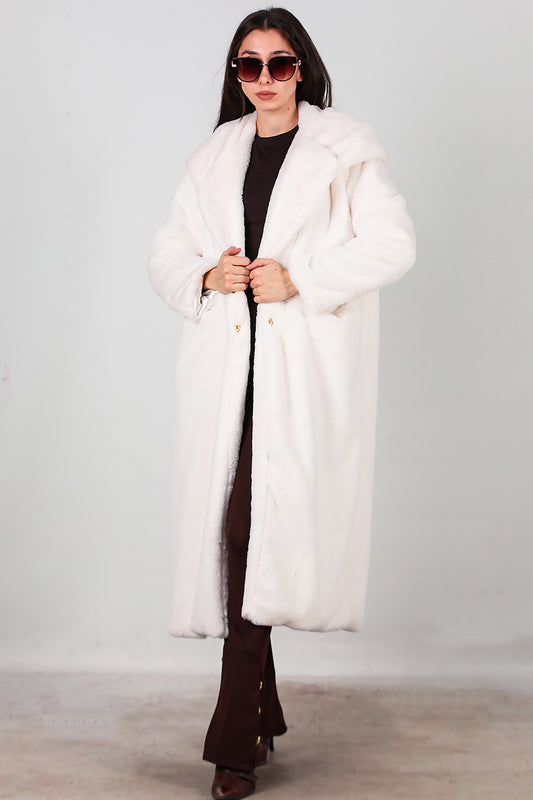 Kadın Kapşonlu Uzun Kürk Mont Ekru