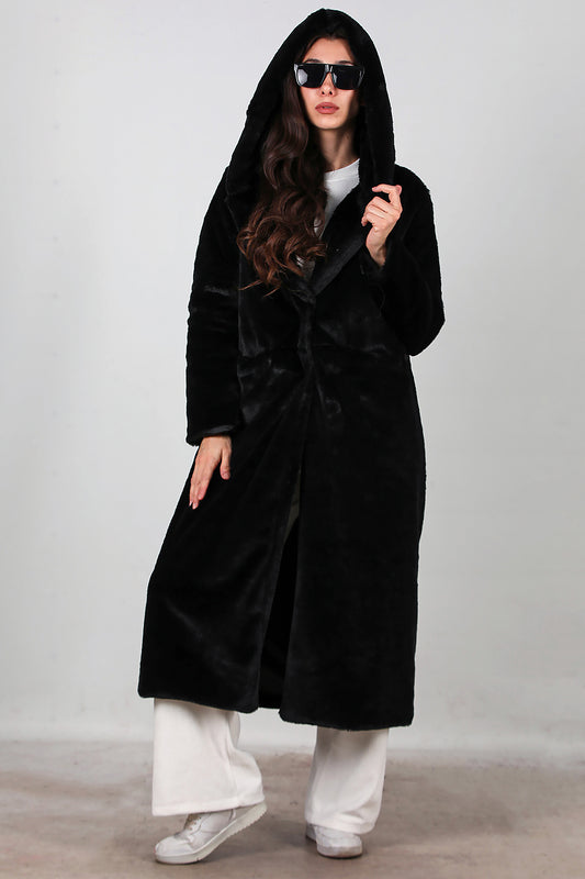 Kadın Kapşonlu Uzun Kürk Mont Siyah
