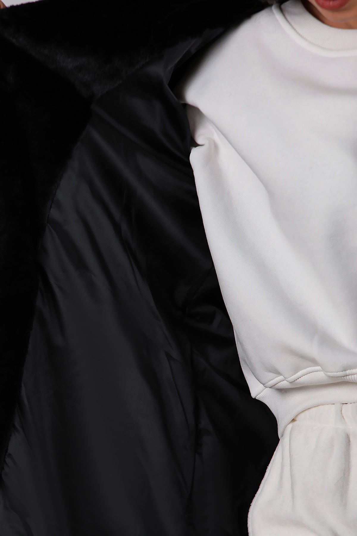 Kadın Kapşonlu Uzun Kürk Mont Siyah