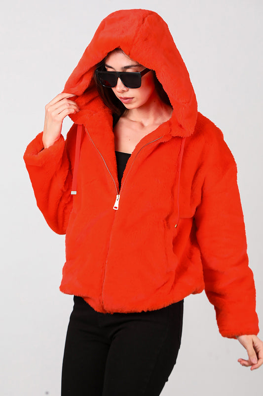 Kadın Etek Ucu Lastikli Kapşonlu Peluş Mont Turuncu