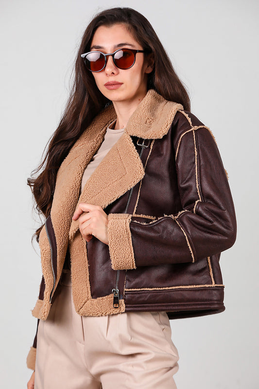 Kadın Fermuarlı İçi Kürklü Deri Mont Kahverengi