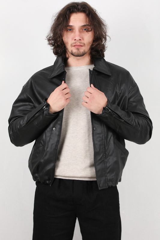 Widehide Erkek Geniş Kalıp Deri Mont Siyah