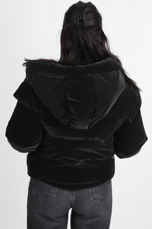 Hoodwarm Kadın Kapşonlu Kısa Şişme Mont Siyah