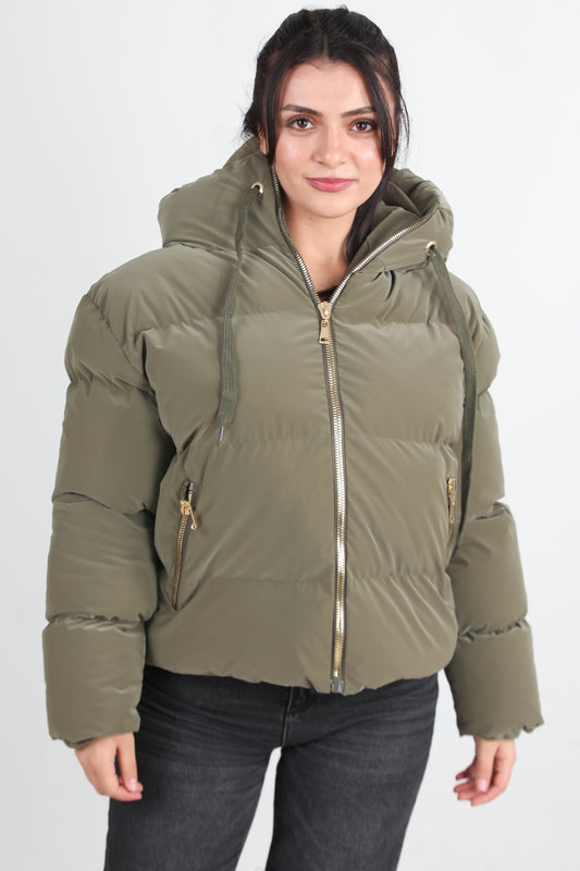 Hoodwarm Kadın Kapşonlu Kısa Şişme Mont Haki