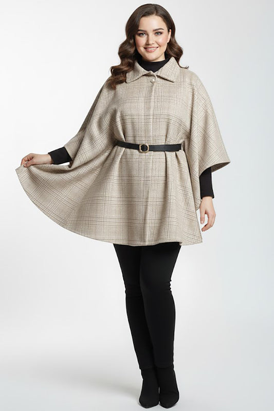 Woolcape Büyük Beden Ekoseli Kaşe Panço Bej