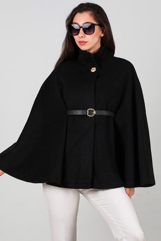 Kadın Deri Kemerli Kaşe Panço Siyah