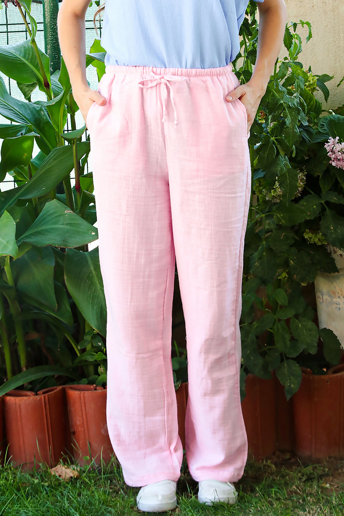 Kadın Bol Paça Keten Pantolon Pembe