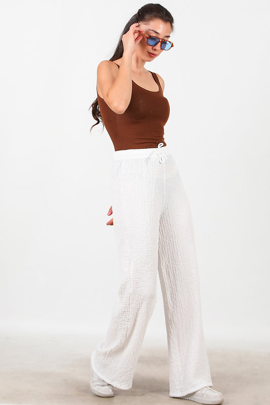 Kadın Bol Paça Bürümcük Pantolon Beyaz