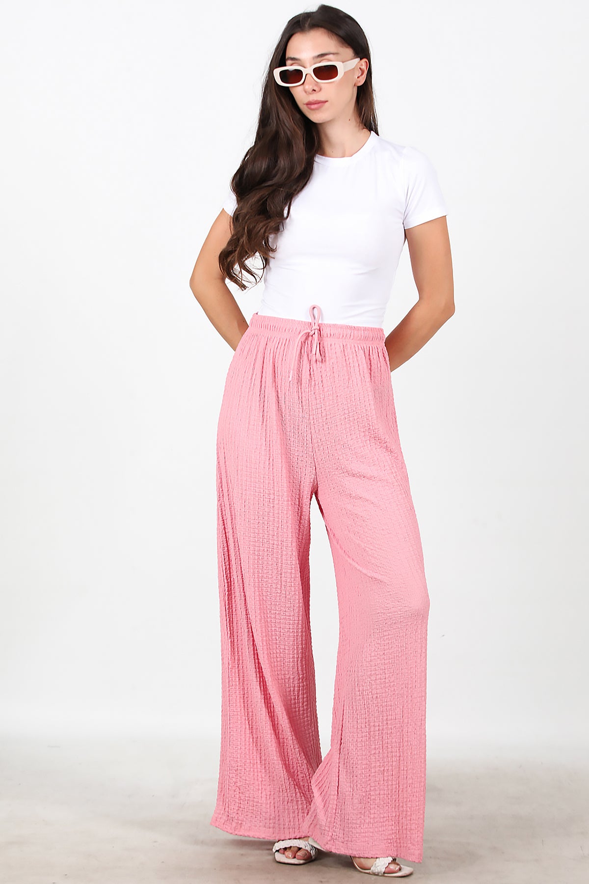 Kadın Bol Paça Bürümcük Pantolon Pembe