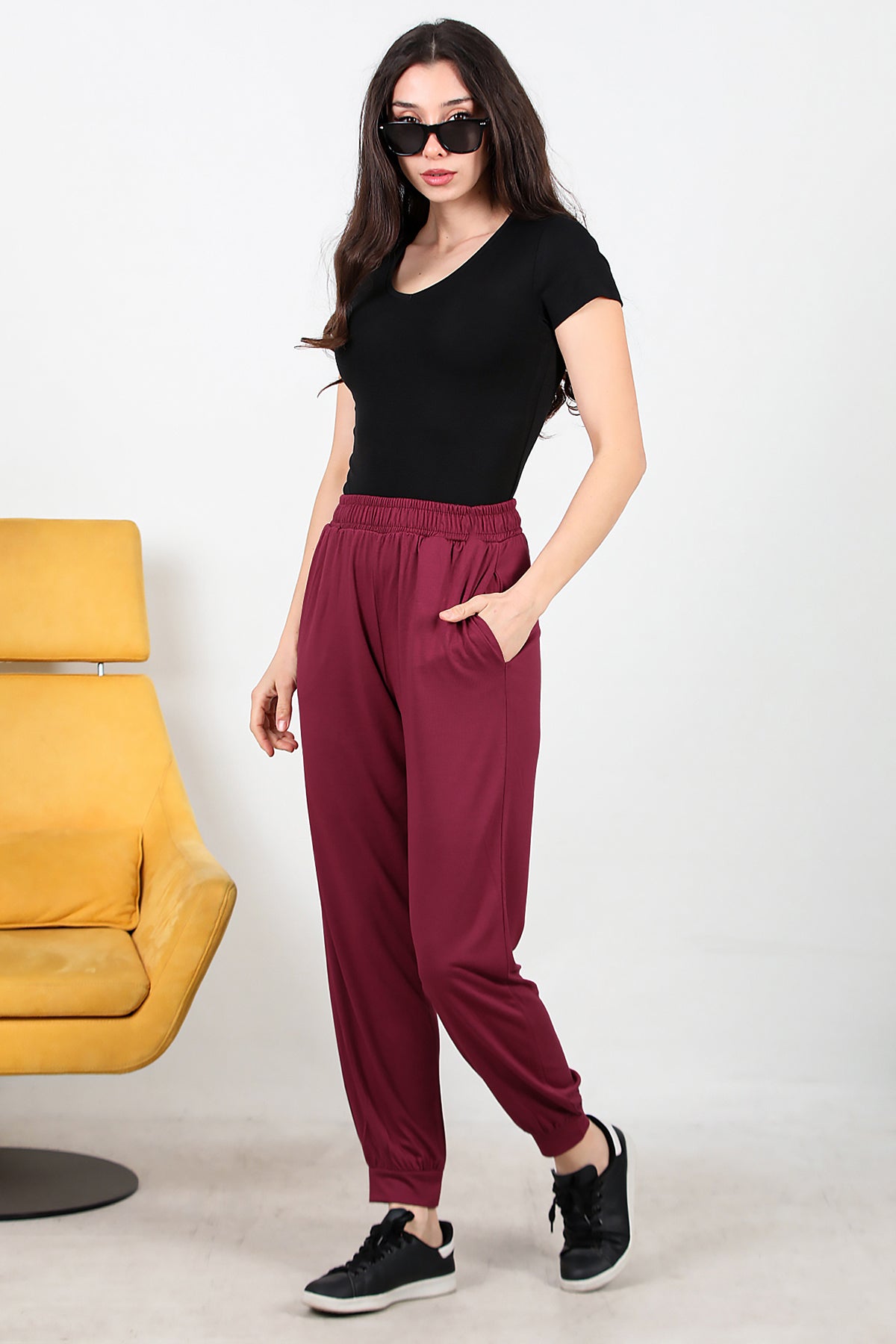 Kadın Paça Manşetli Yan Cepli Modal Pantolon Bordo