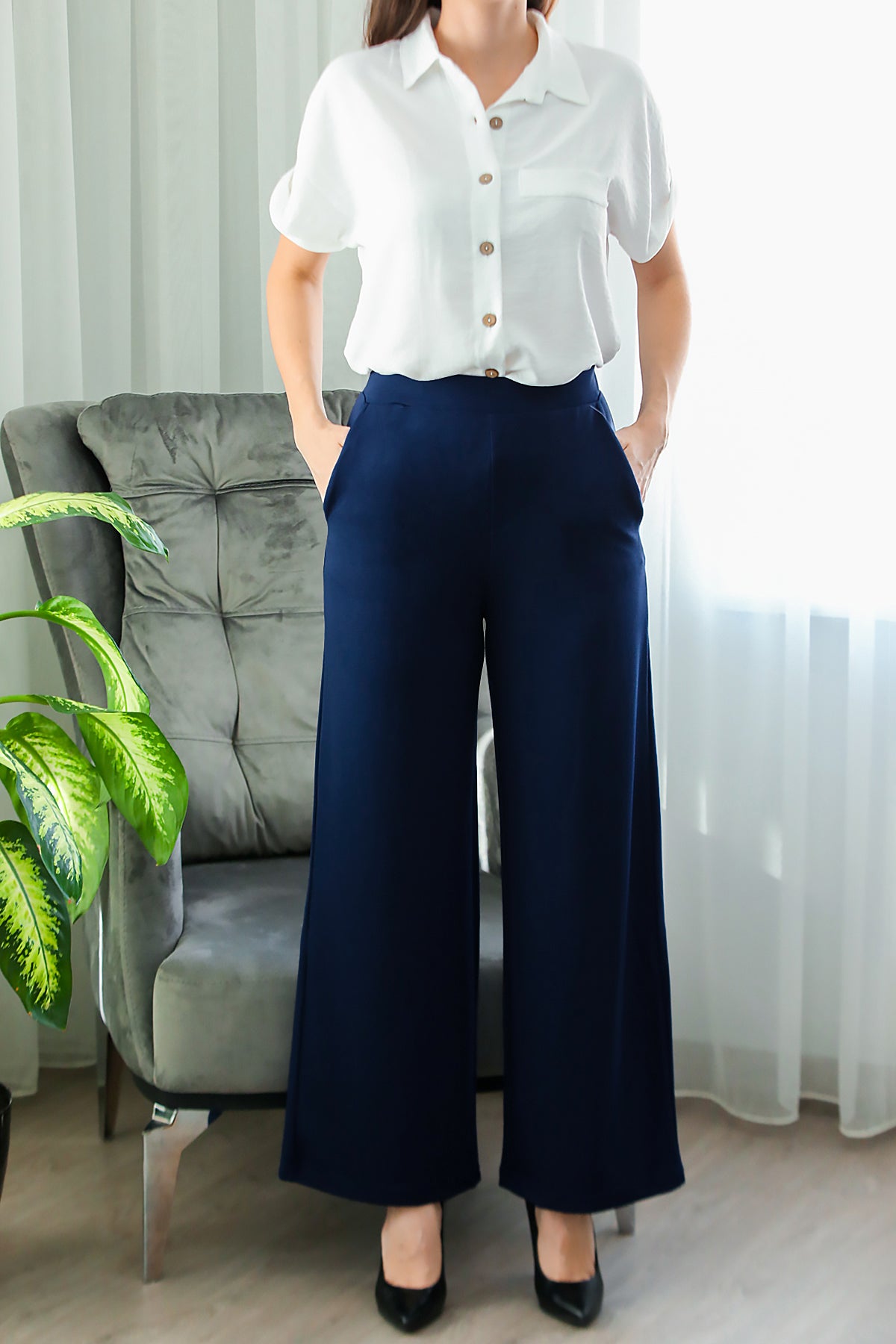 Kadın Cepli Bol Paça Pantolon Lacivert