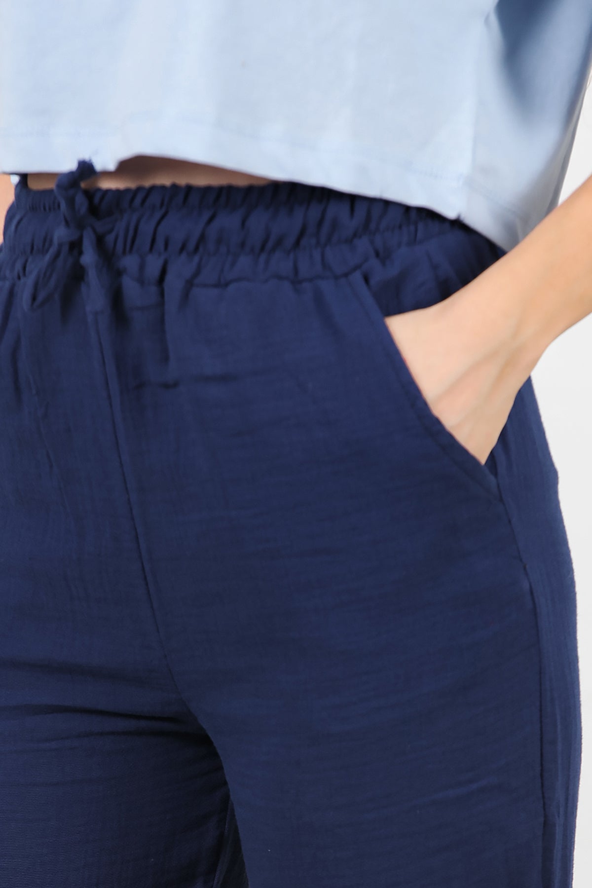 Kadın Bol Paça Keten Pantolon Lacivert
