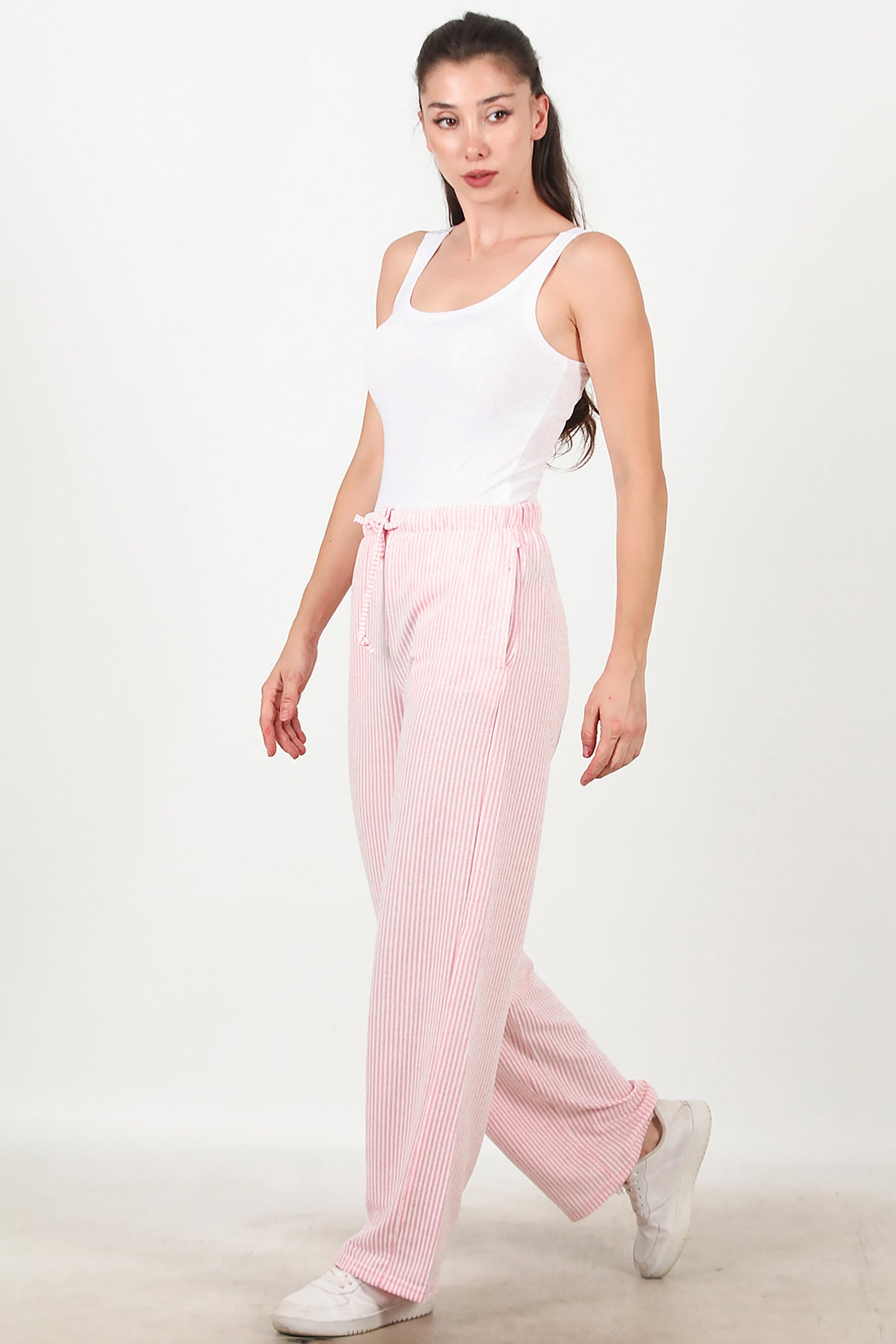 Kadın Çizgili Bol Paça Pantolon Pembe