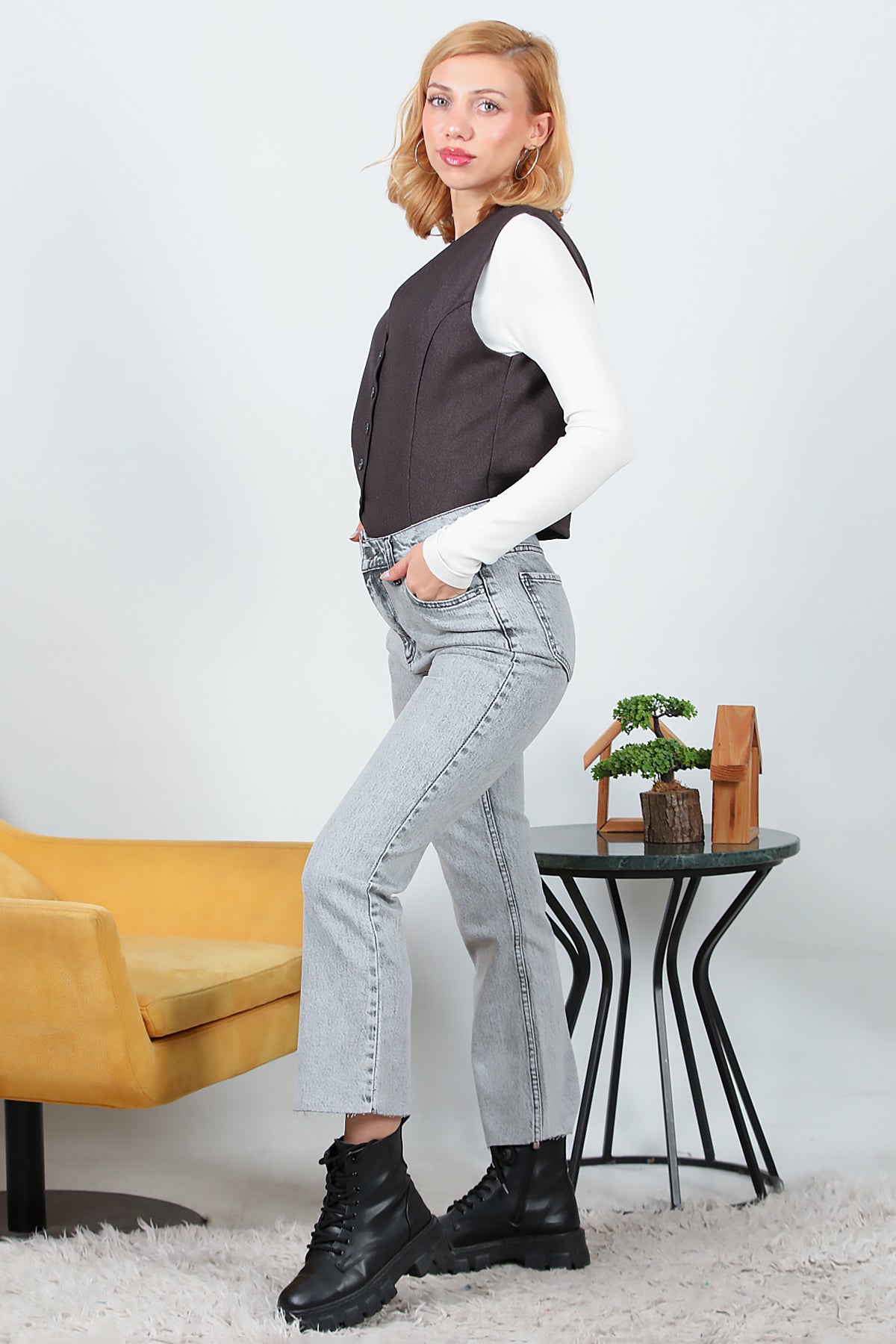 Kadın Crop Jeans Kot Pantolon Gri