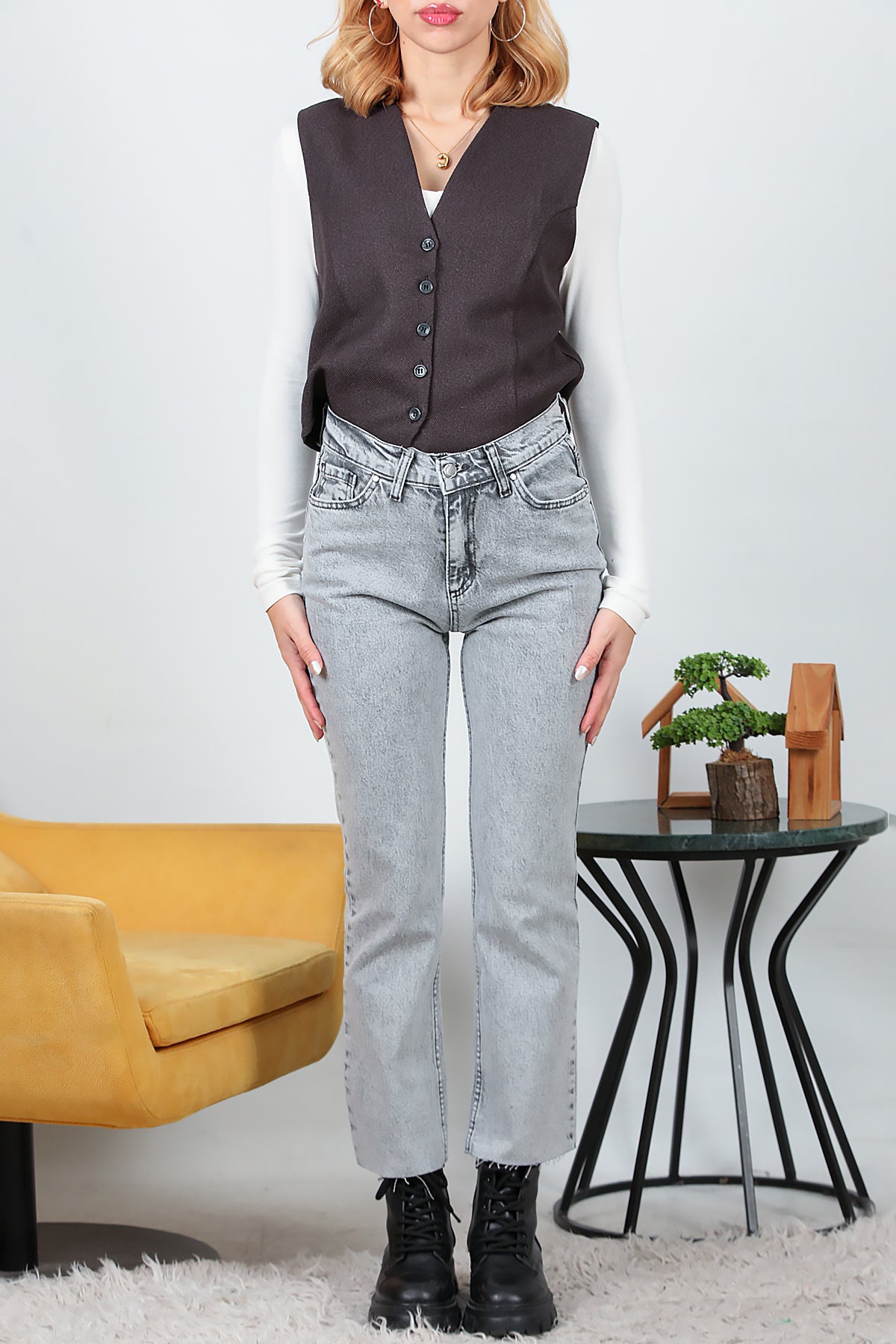 Kadın Crop Jeans Kot Pantolon Gri