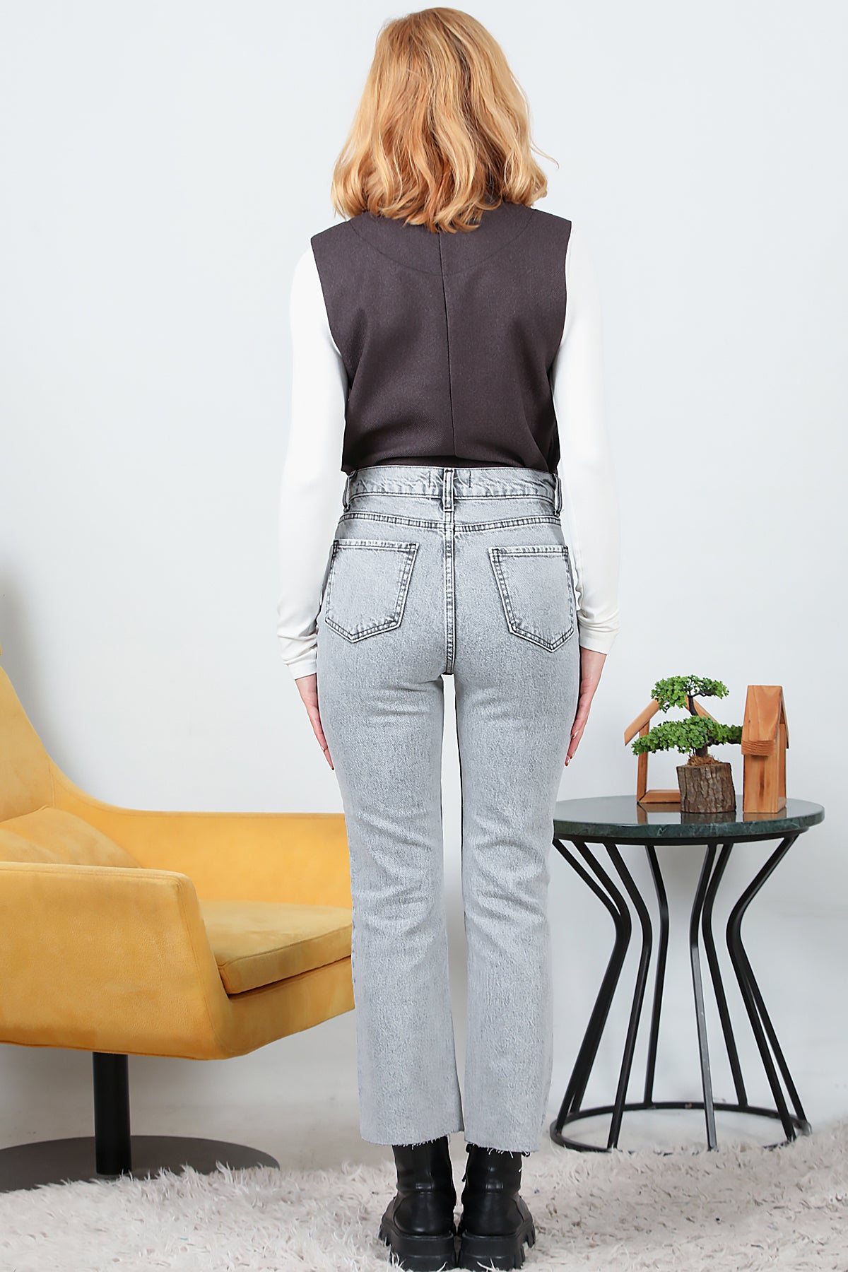 Kadın Crop Jeans Kot Pantolon Gri