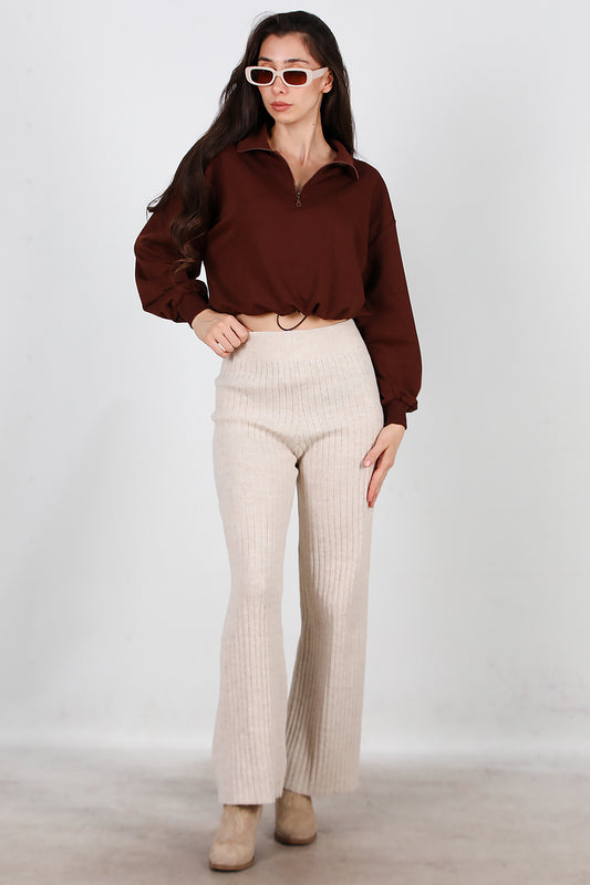 Kadın Kalın Fitilli Triko Pantolon Taş