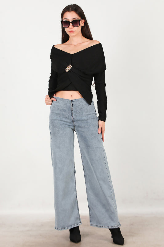 Kadın Bel Lastikli Bol Paça Kot Pantolon Mavi