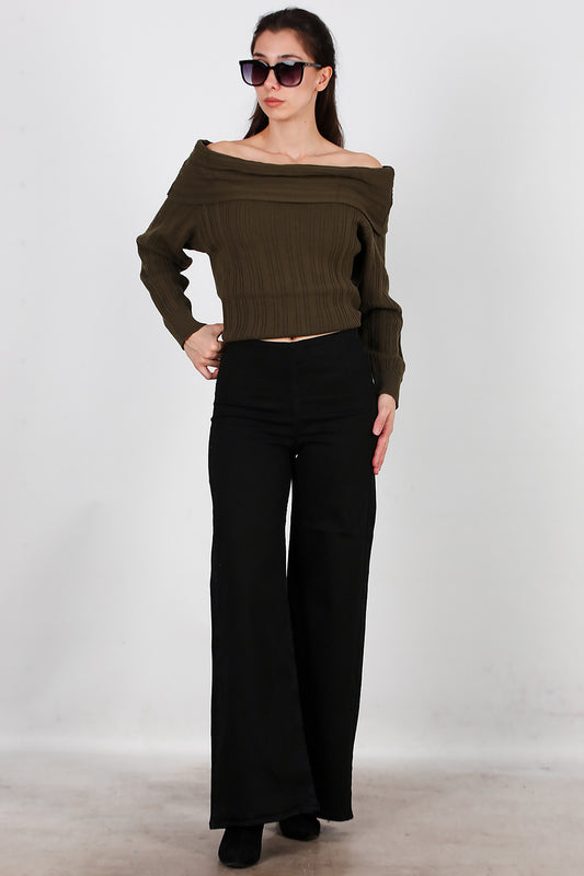 Kadın Bel Lastikli Bol Paça Kot Pantolon Siyah