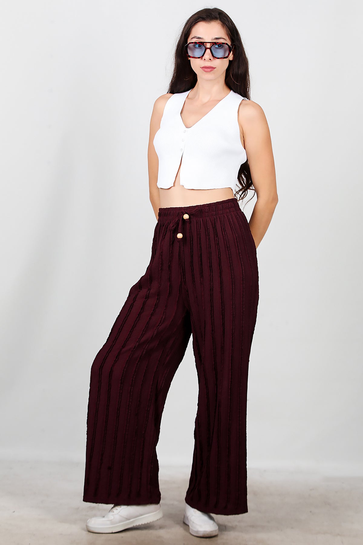 Kadın Fitilli Bol Paça Pantolon Bordo