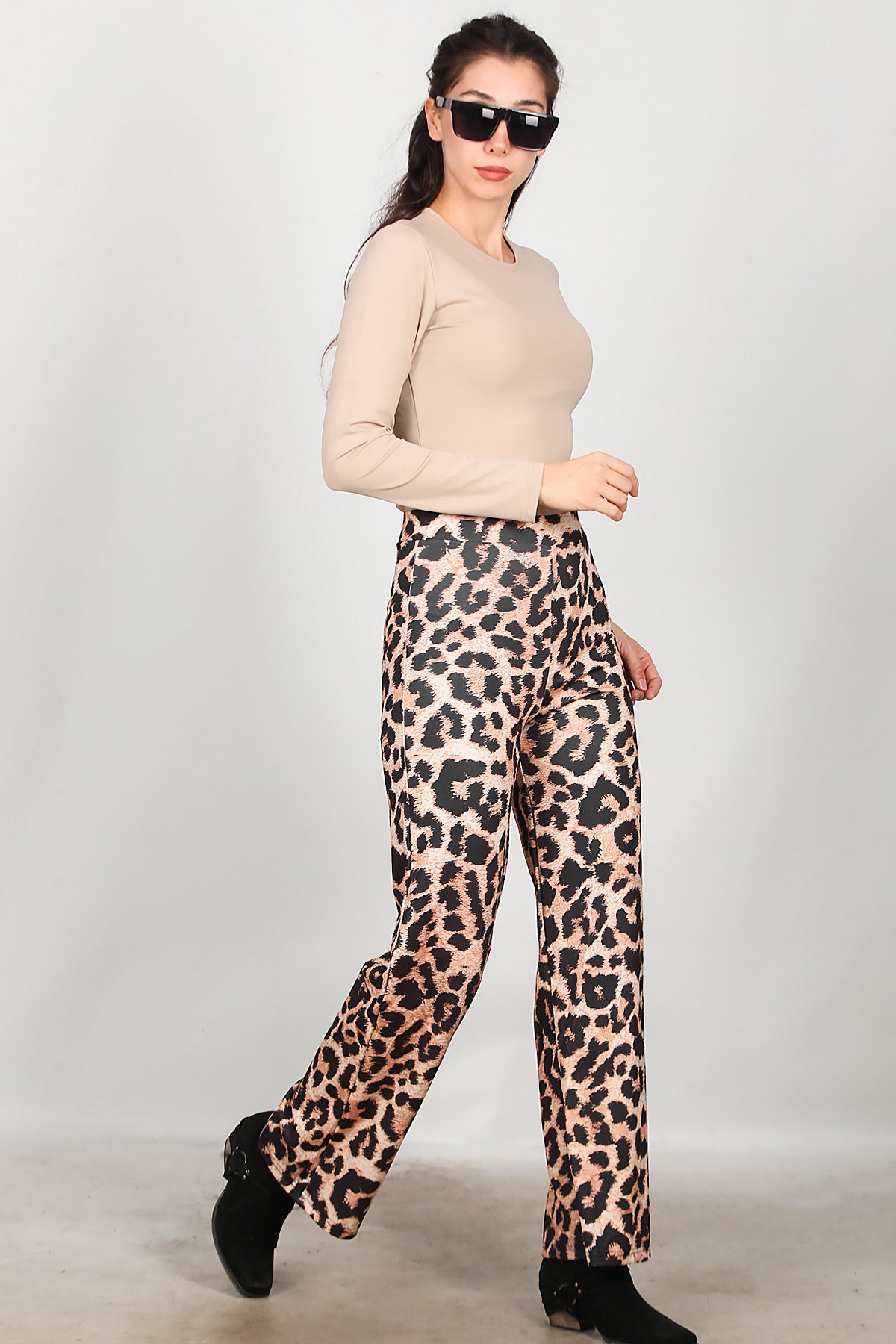 Kadın Leopar Desenli Pantolon Bej