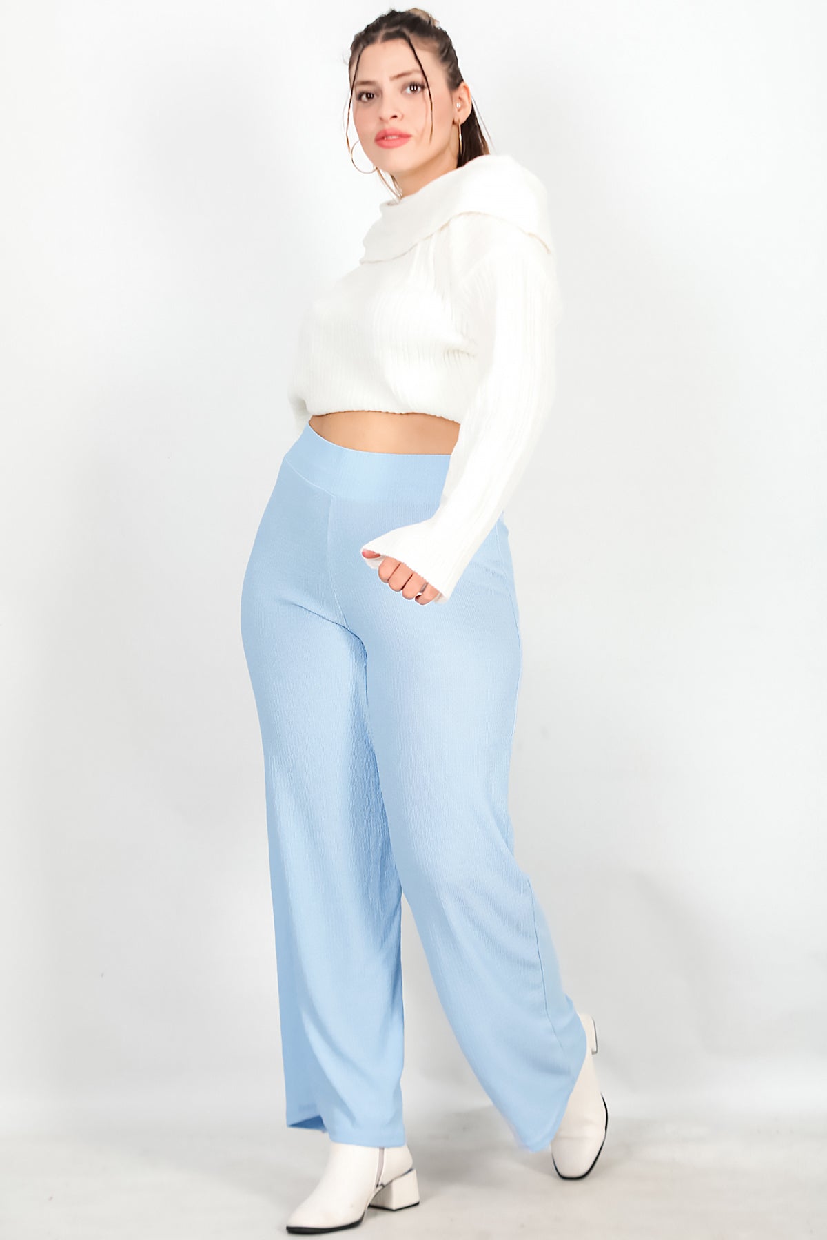 Büyük Beden Kalın Kemerli Bürümcük Pantolon Mavi