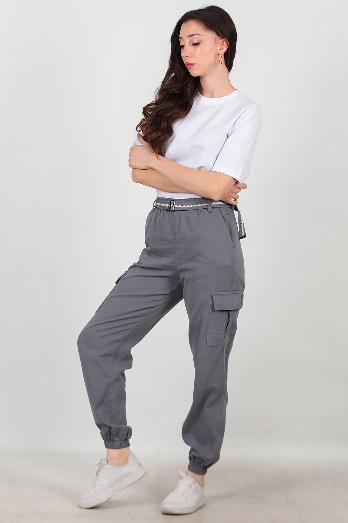 Kadın Kemerli Gabardin Kargo Cep Pantolon Füme