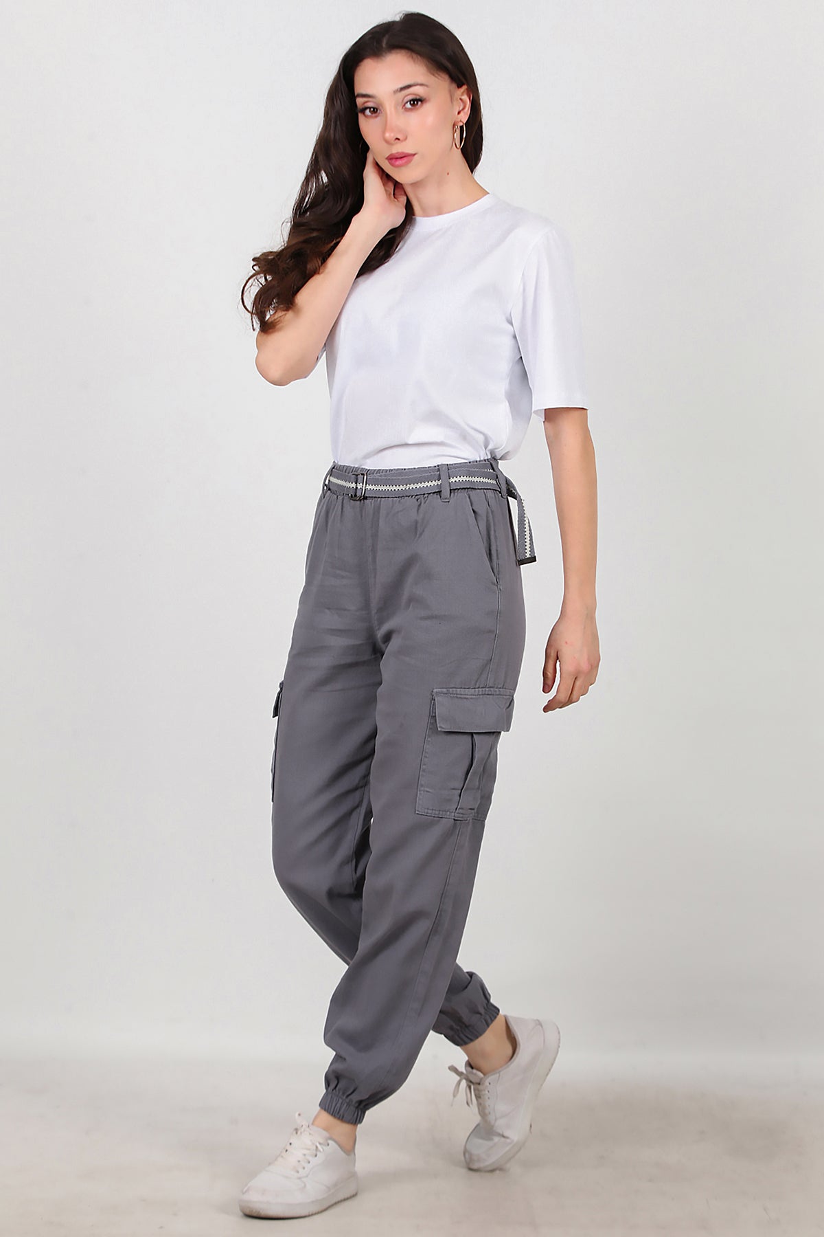 Kadın Kemerli Gabardin Kargo Cep Pantolon Füme