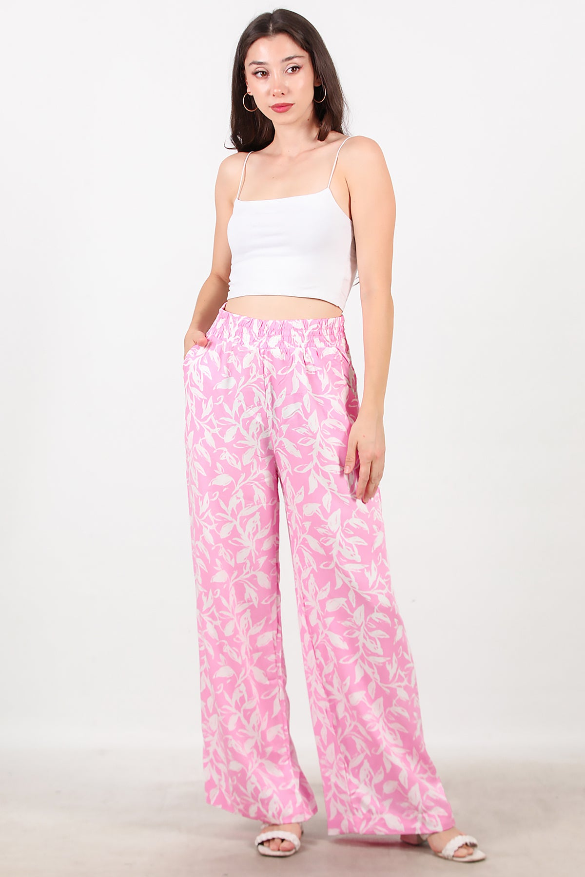 Kadın Desenli Bol Paça Pantolon Pembe