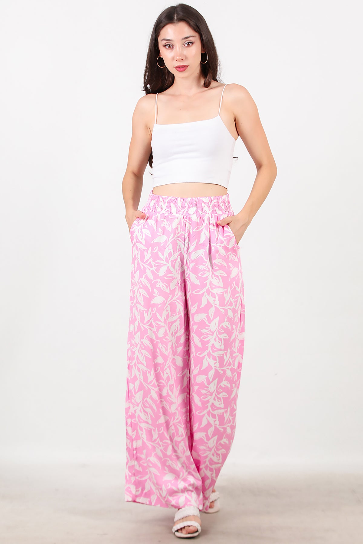 Kadın Desenli Bol Paça Pantolon Pembe