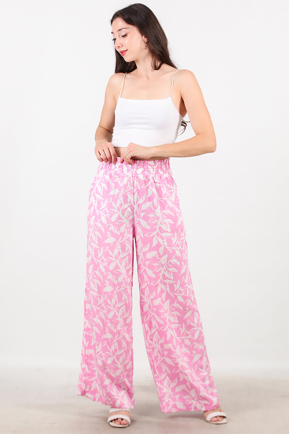 Kadın Desenli Bol Paça Pantolon Pembe