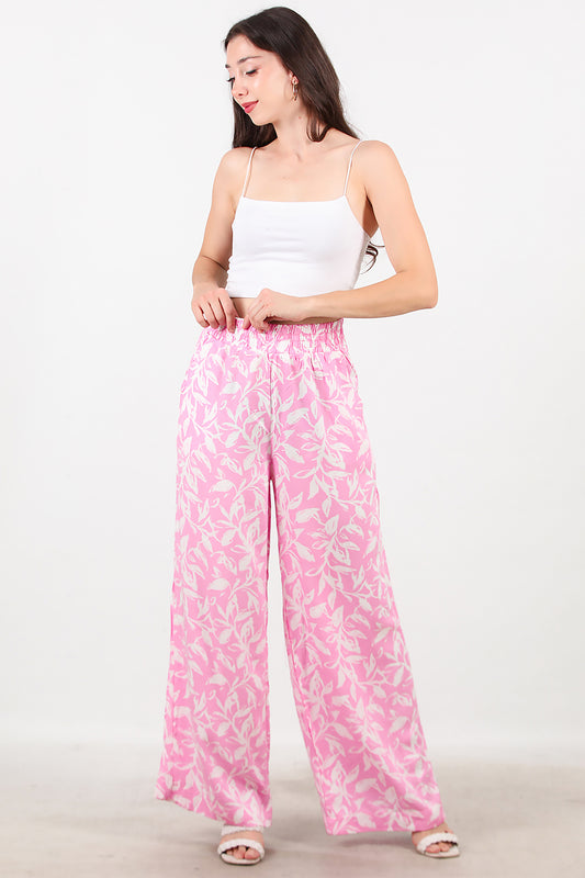Kadın Desenli Bol Paça Pantolon Pembe