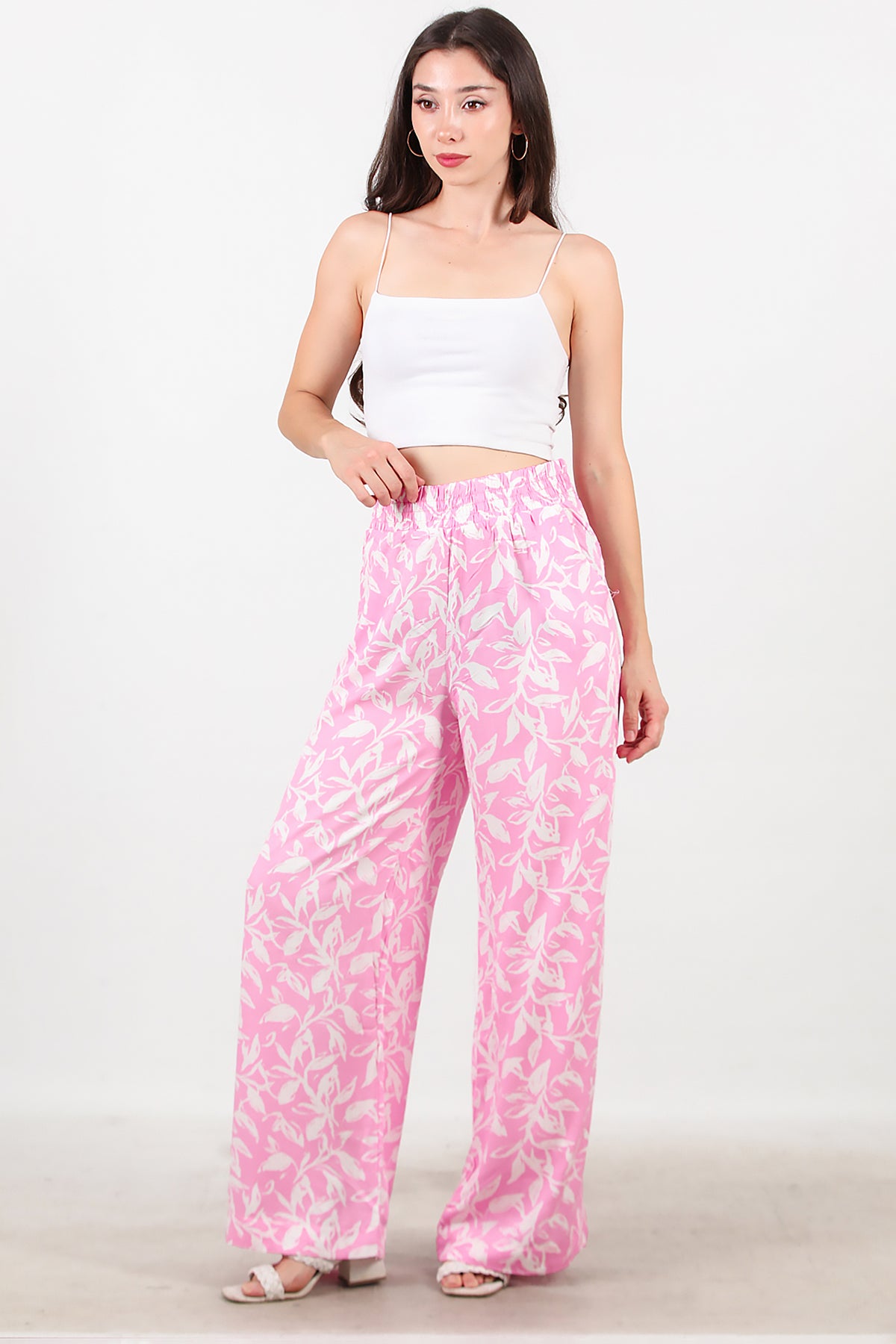 Kadın Desenli Bol Paça Pantolon Pembe