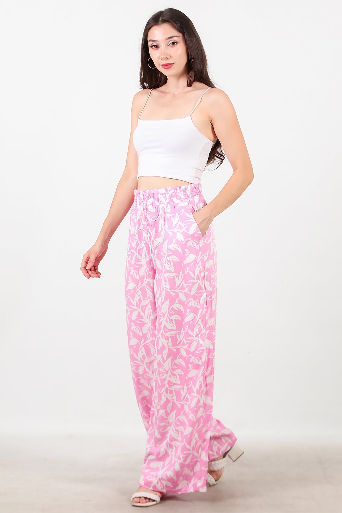 Kadın Desenli Bol Paça Pantolon Pembe