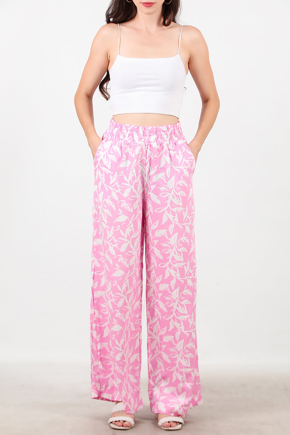 Kadın Desenli Bol Paça Pantolon Pembe