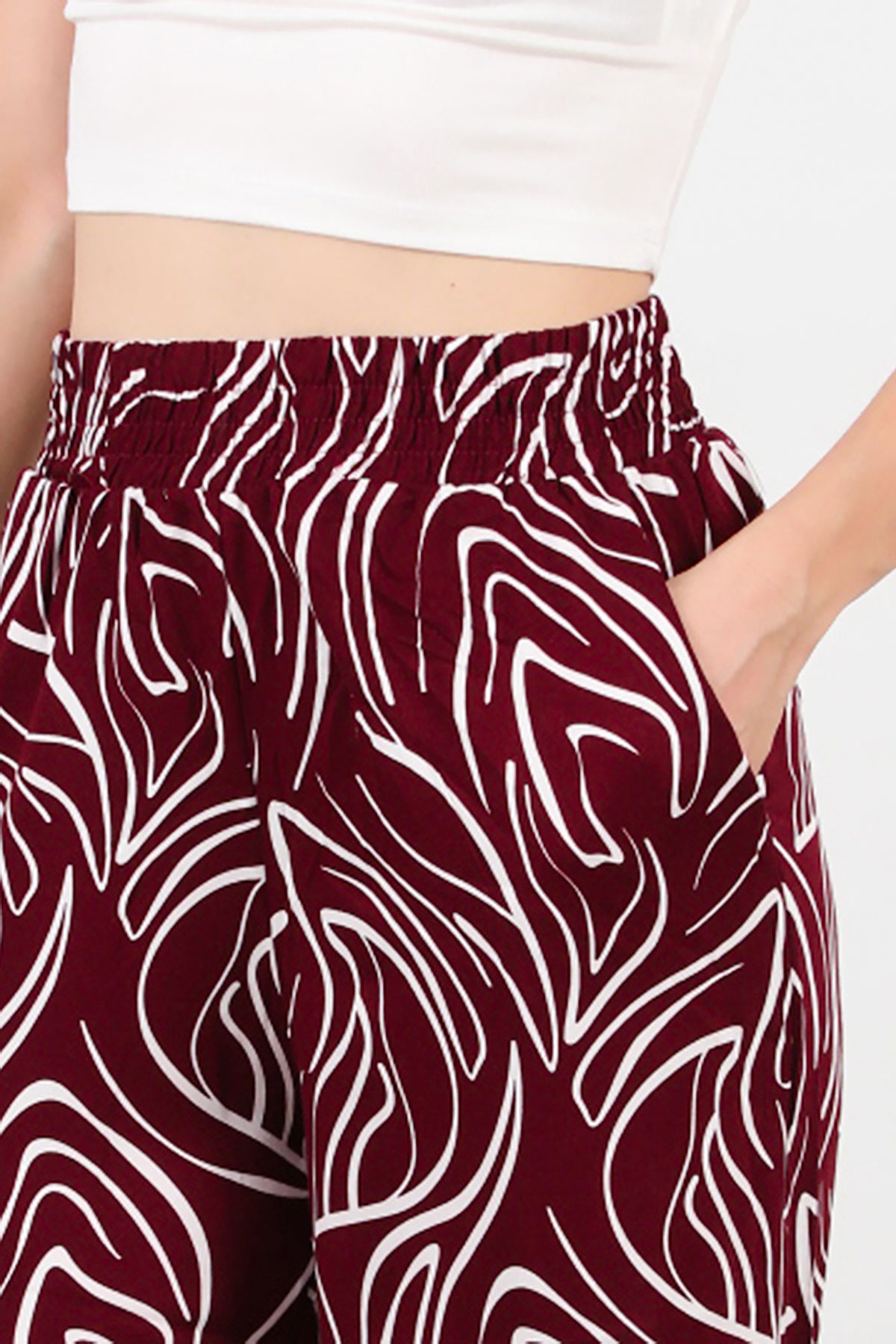 Kadın Desenli Bol Paça Pantolon Bordo