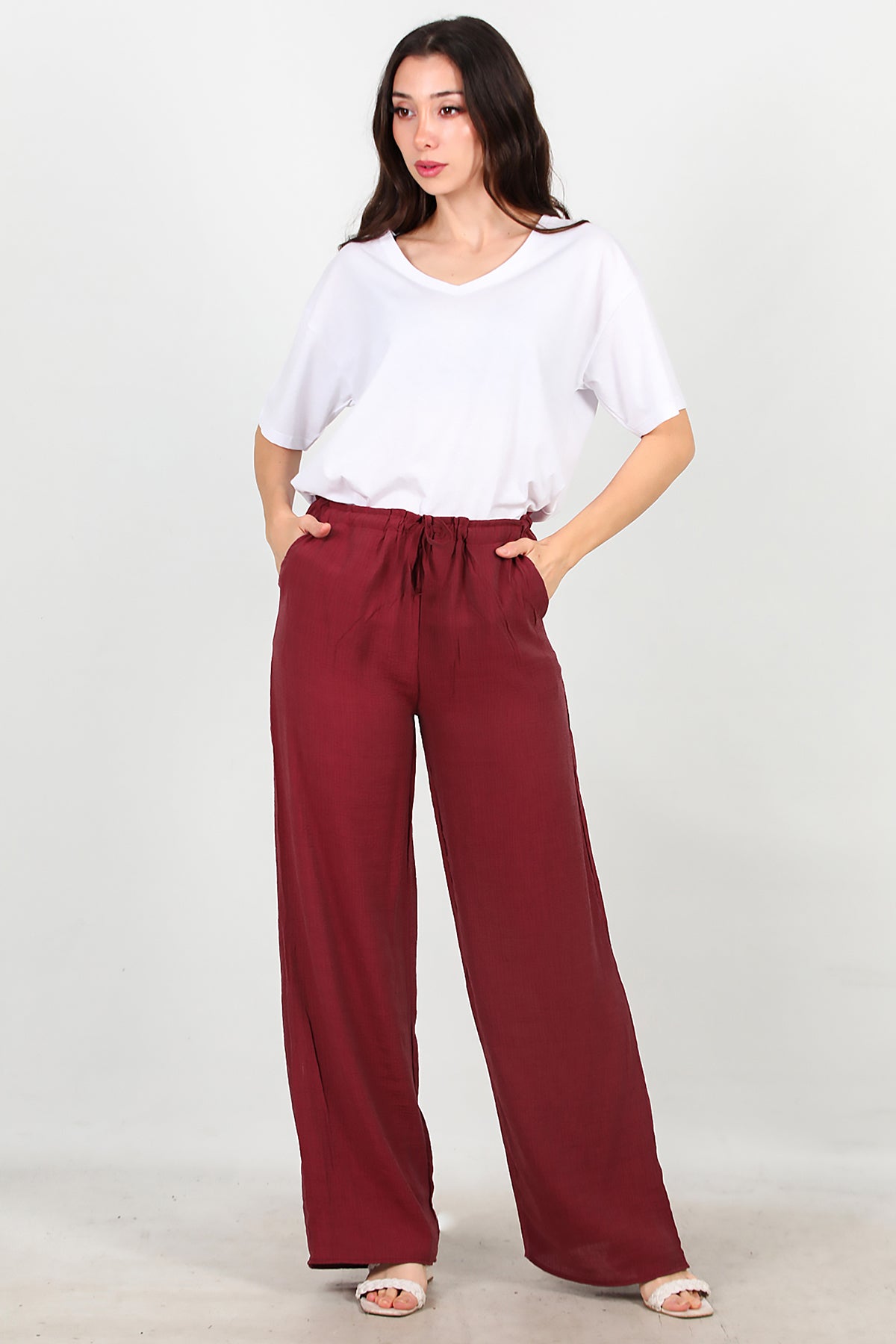 Kadın Beli Lastikli İpli Pantolon Bordo
