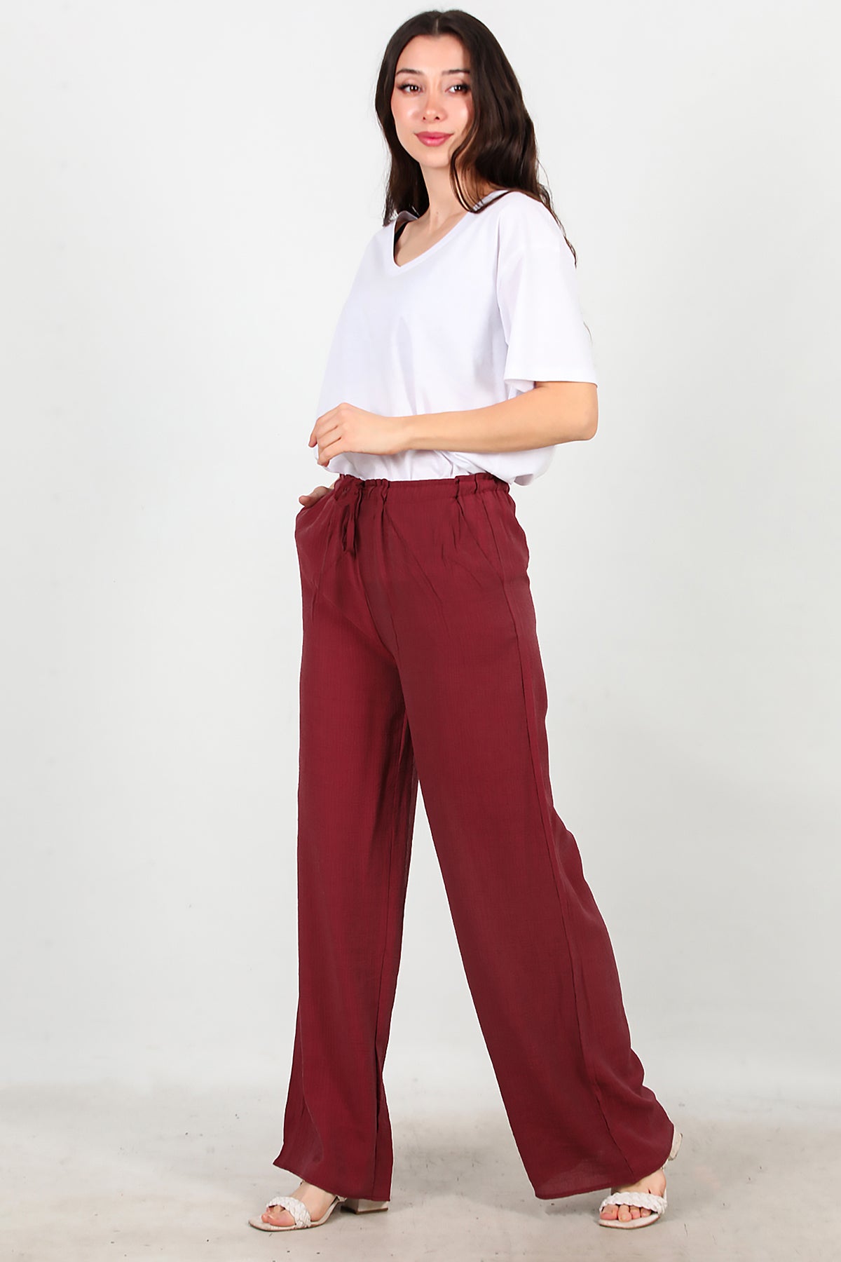 Kadın Beli Lastikli İpli Pantolon Bordo