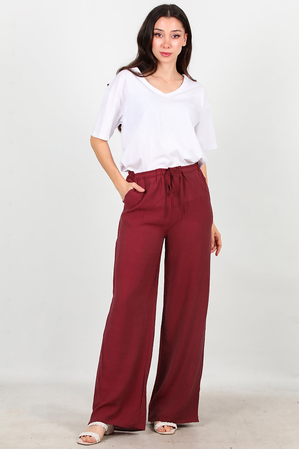 Kadın Beli Lastikli İpli Pantolon Bordo