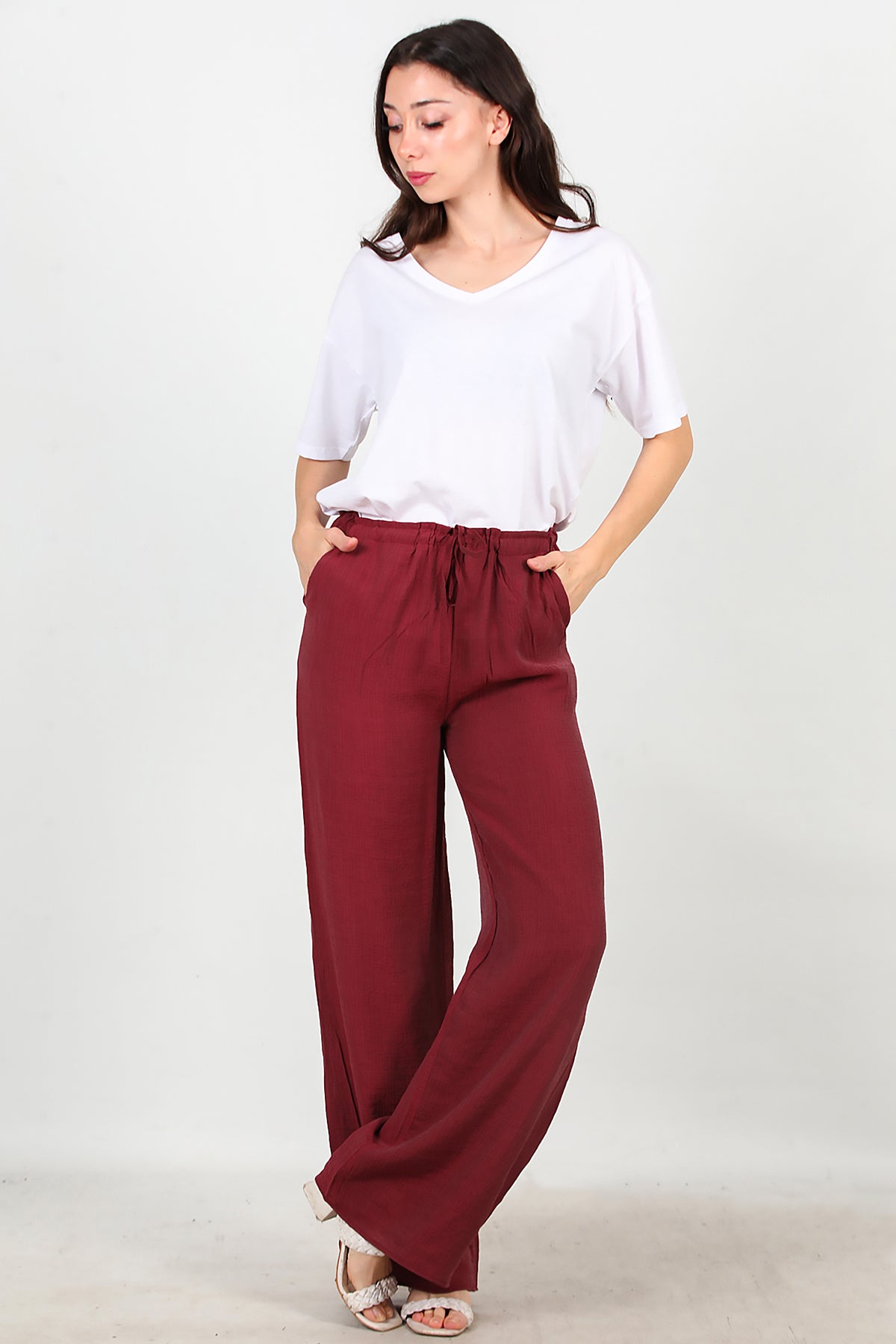 Kadın Beli Lastikli İpli Pantolon Bordo