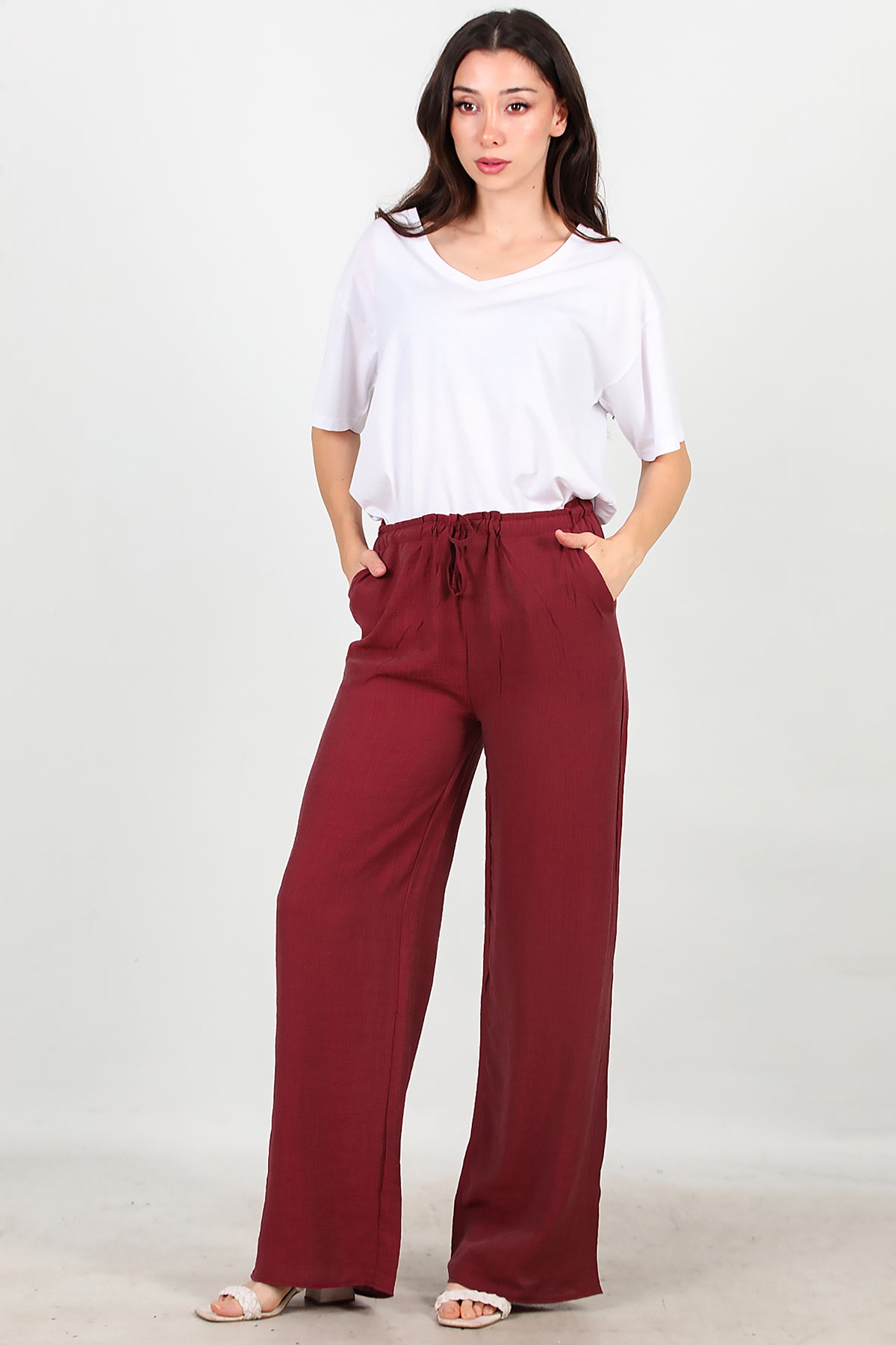 Kadın Beli Lastikli İpli Pantolon Bordo