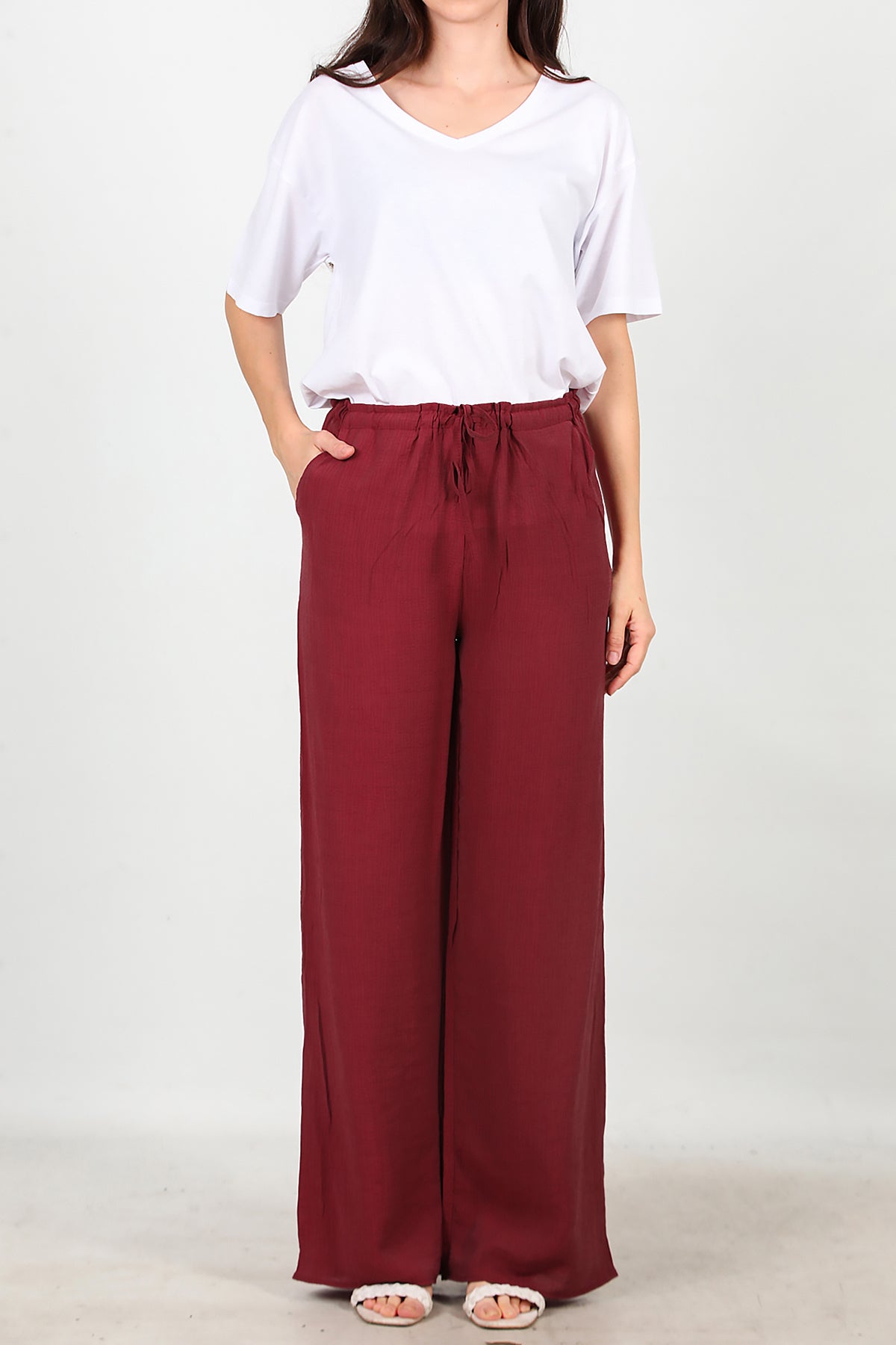 Kadın Beli Lastikli İpli Pantolon Bordo