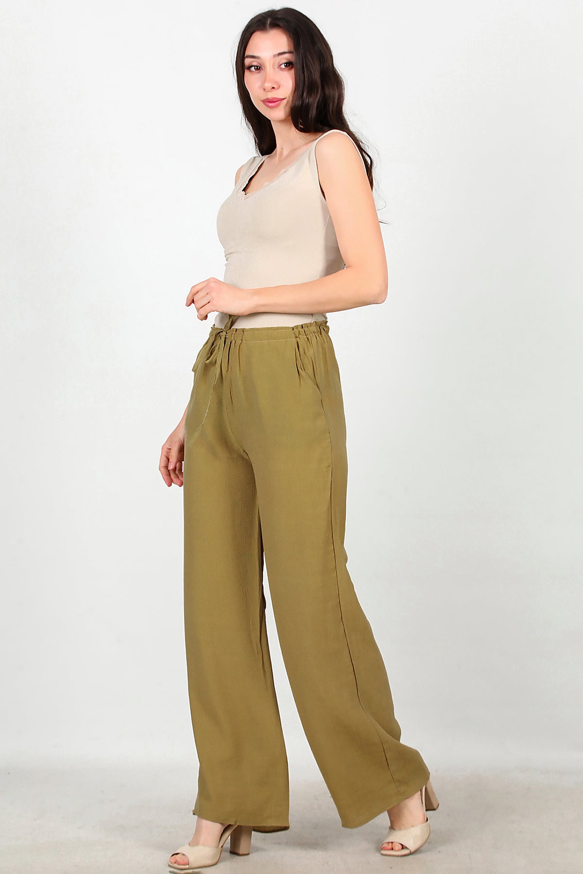 Kadın Beli Lastikli İpli Pantolon Haki